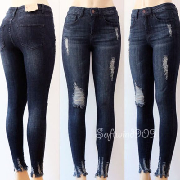 Riva Curve Denim - Distressed Denim Dark Blue High Waist Skinny Jeans